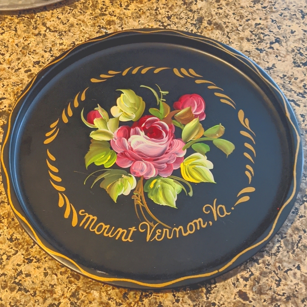 Vintage Round Tray Mt. Vernon Hand Painted Roses Metal Tole Gorgeous Art